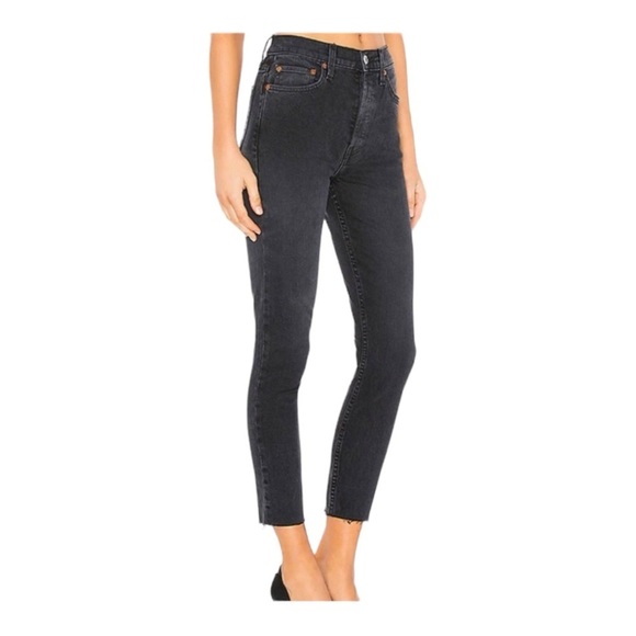 Re/Done 90s High Rise Ankle Crop Slim Fit Jeans in Faded Black unfinished hem - Picture 2 of 9